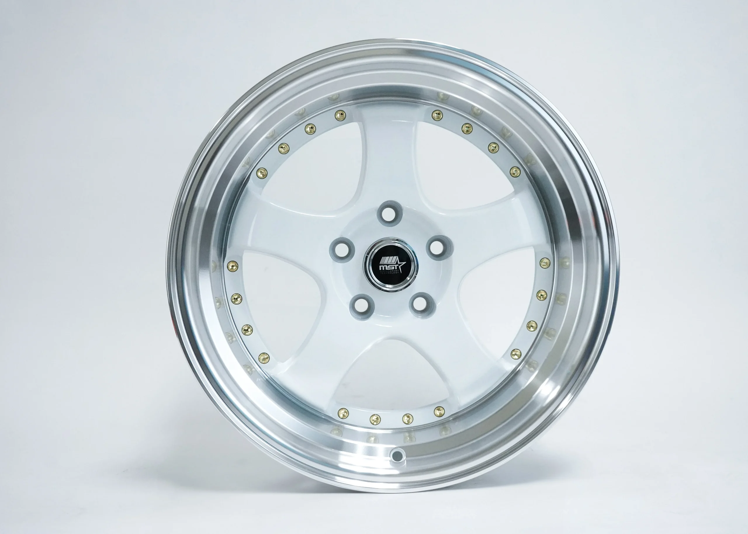 MT07 - White w/Machined Lip Gold Rivets - 17x9.0 5x114.3 Offset +20