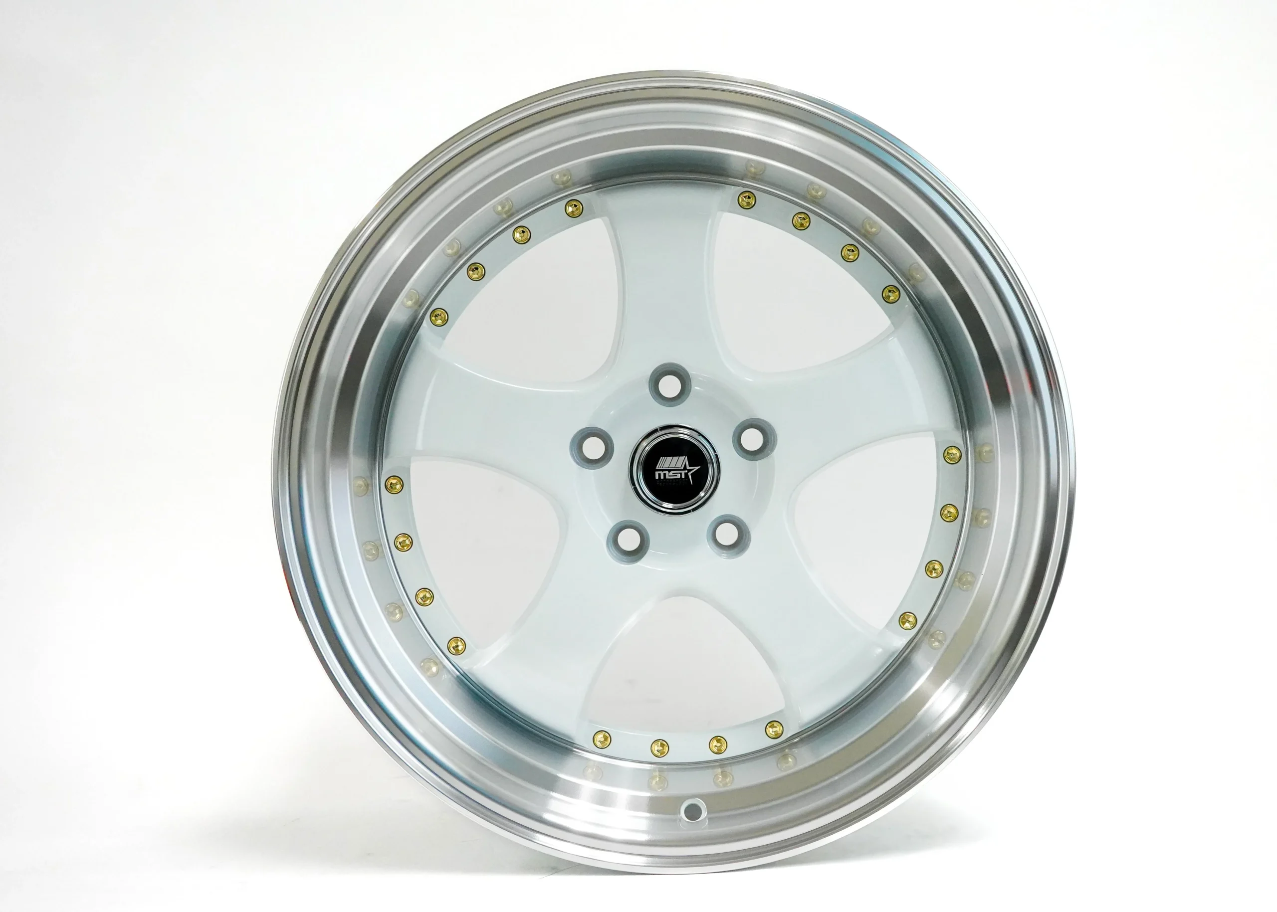 MT07 - White w/Machined Lip Gold Rivets - 18x9.5 5x114.3 Offset +20