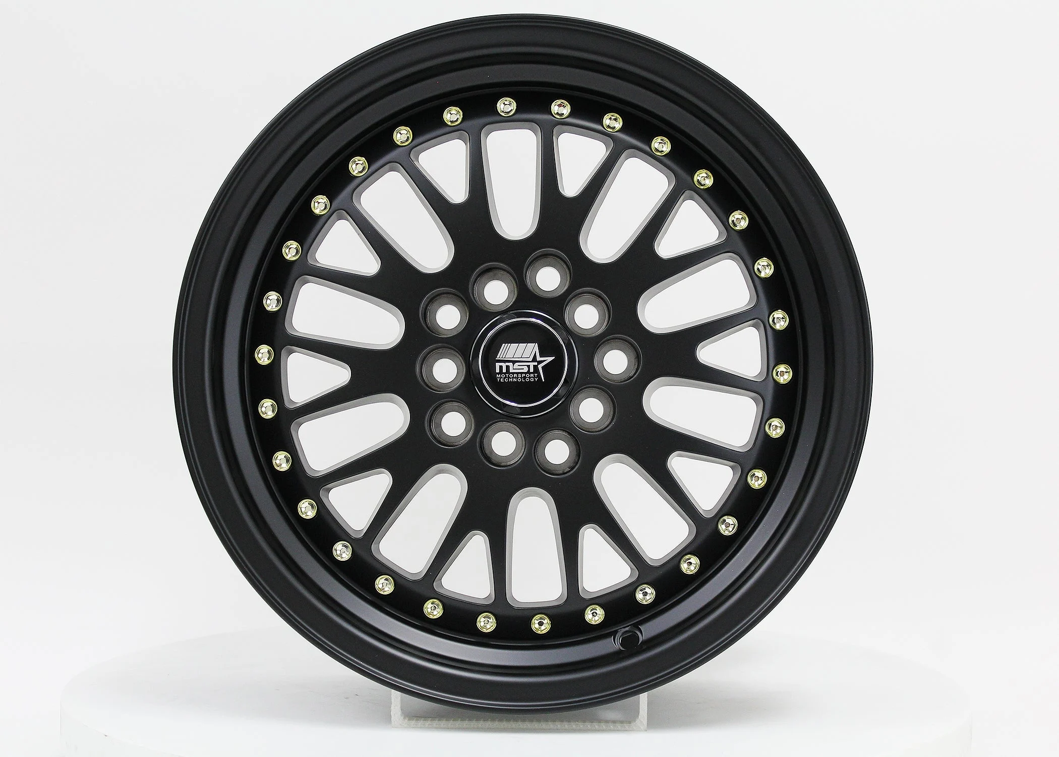 MT10 - Matte Black w/Gold Rivets - 15x7.0 5x100/5x114.3 Offset +20